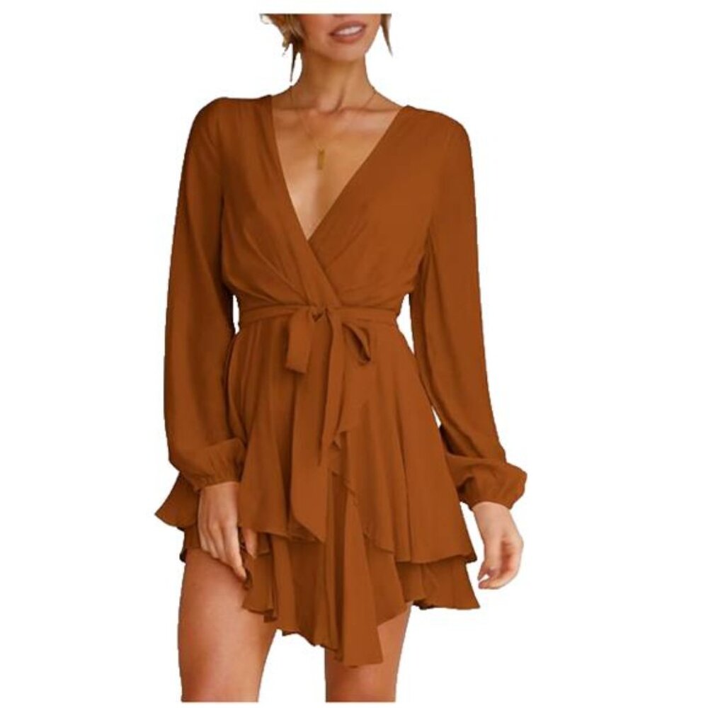 NEW Cosonsen Deep V-Neck Long Sleeve Waist Tie Swing Skater Dress Women's S